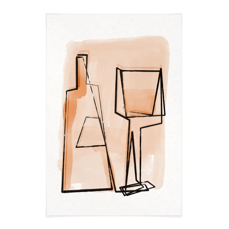 Póster de tela Naturaleza muerta abstracta: Botella y copa de vino - Treechild 