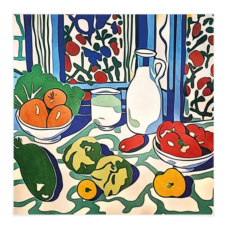 Stoffbild Obst und Gemüse auf dem Küchentisch - Inspiriert von Matisse - Zamart 