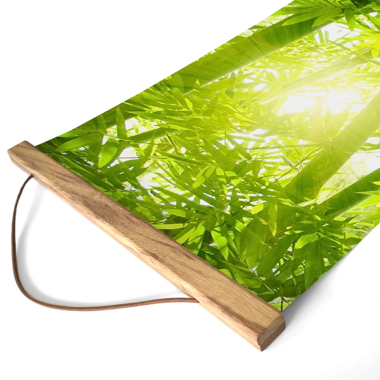 Affiche textile Soleil dans la forêt de bambous - panorama 