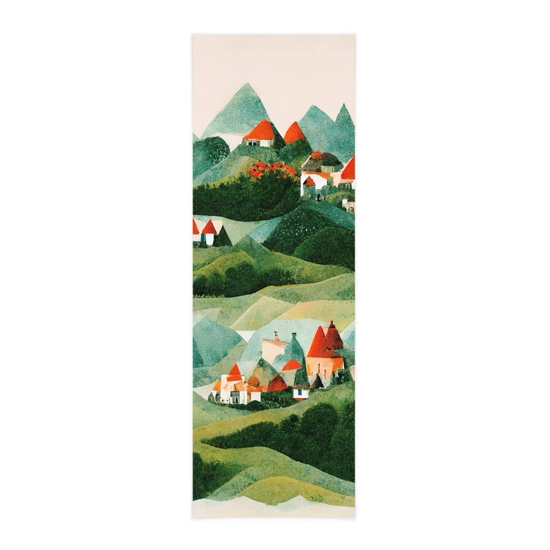 Stoffbild Treechild - Kleines Dorf inmitten grüner Hügel - Panorama 