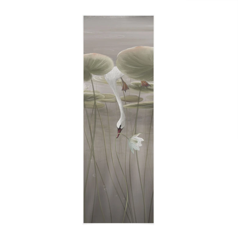 Stoffbild Lotusblumen mit Schwan im Wasser in Grau - Ms Tiff - Panorama 