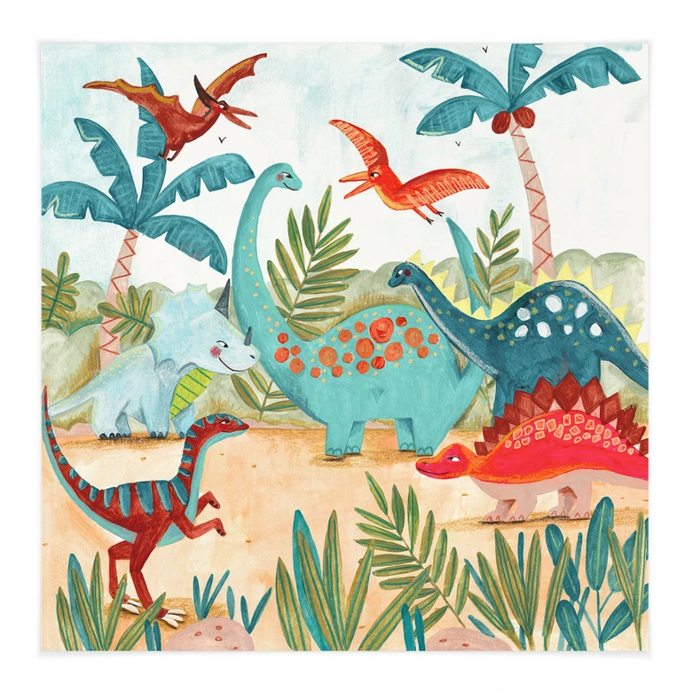 Kinderzimmer Stoffbild | Farbenfrohe Dinosaurier im Urzeitwald - Bonne Müller - Quadratisch 