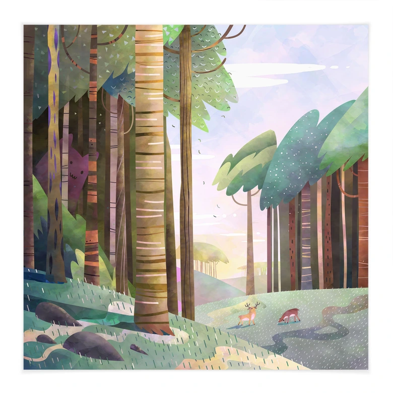 Stoffbild Sonniger Wald mit Hirsch - DigitalArtsi 