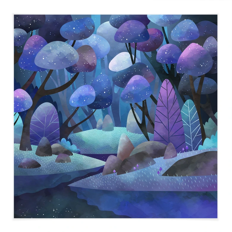 Textile poster enchanted forest in midnight blue - DigitalArtsi 