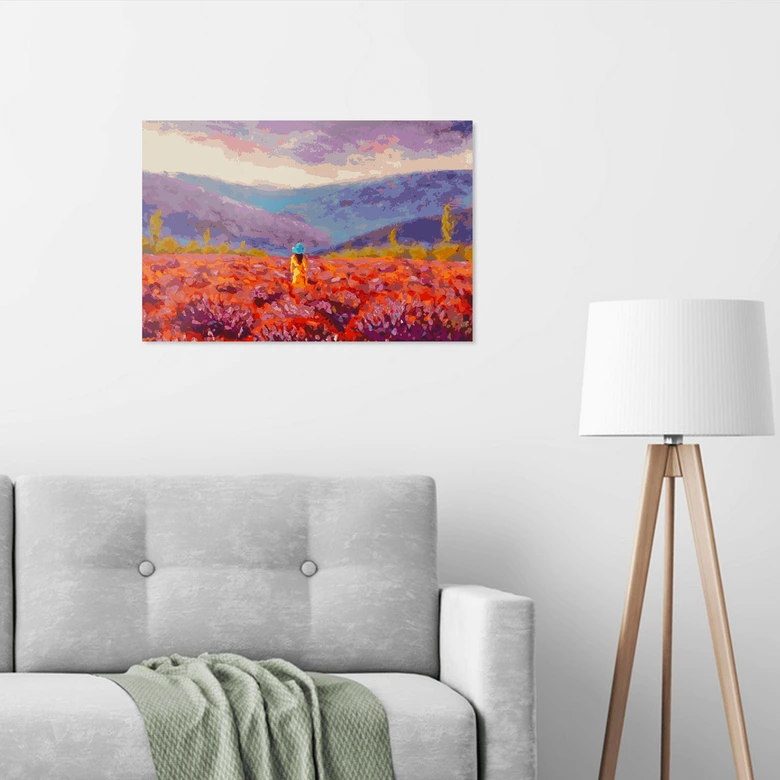 Malen nach Zahlen Leinwandbild - Blumen Landschaft mit Frau  
