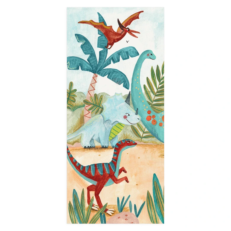 Deurfolie voor kinderkamer - Kleurrijke dinosaurussen in het oerbos - Bonne Müller - Zelfklevende deurdecoratie 