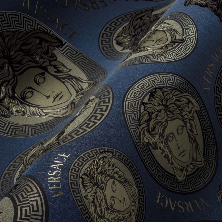 Versace Home tapet blå svart med medusahuvuden lyxig designer non-woven tapet 