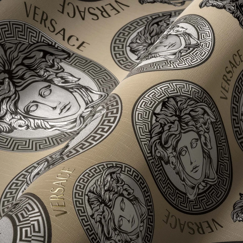 Versace Home Mustertapete Medusa-Köpfe Luxus Tapete Beige Silber Designer Vliestapete 