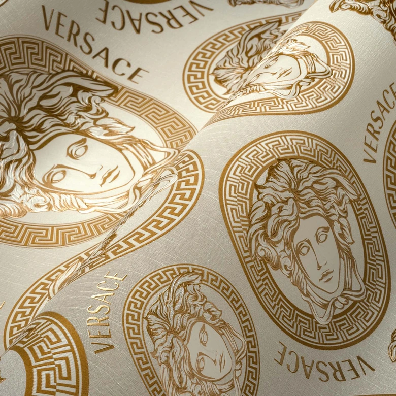 Versace Home Tapete Gold Weiß Luxus Vliestapete Medusa Kopf Designer Mustertapete  