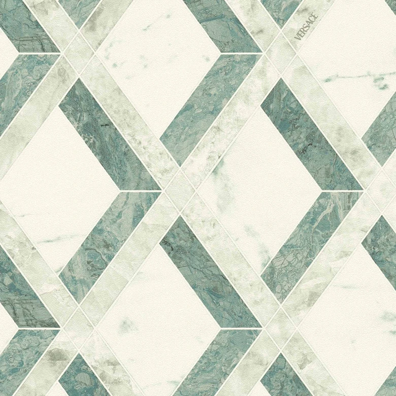 Versace non-woven wallpaper Tarsia diamond pattern marble look green white graphic 