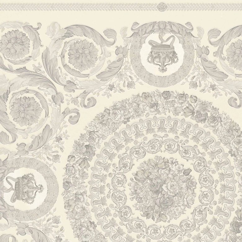 Versace non-woven wallpaper Heritage Baroque Medallion Floral White Grey luxurious elegant 
