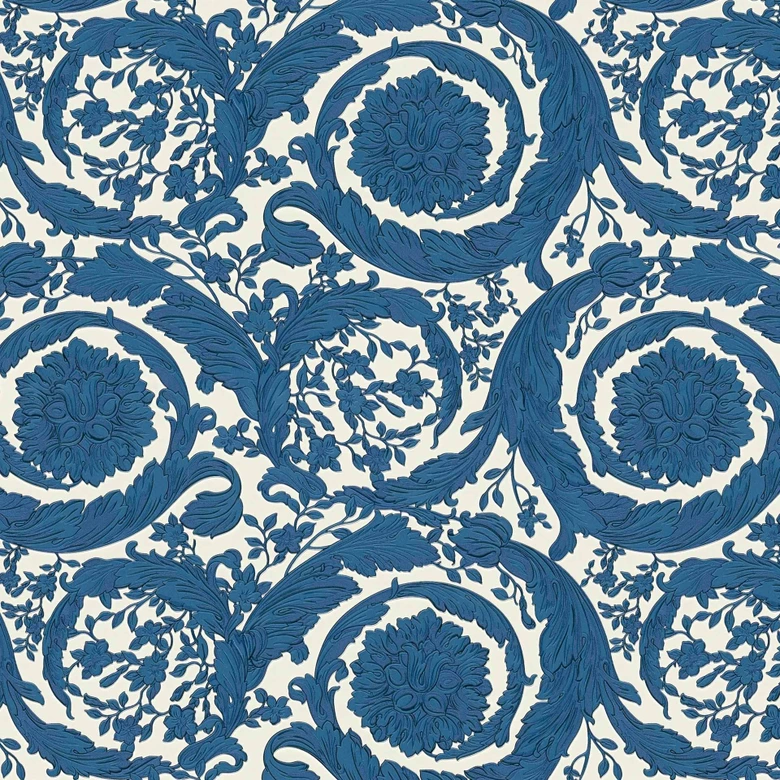Versace non-woven wallpaper Barocco Neo classic floral tendrils blue white elegant 