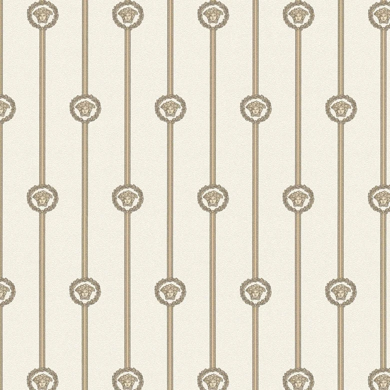 Versace non-woven wallpaper I Love Baroque stripes Medusa White Taupe luxurious 