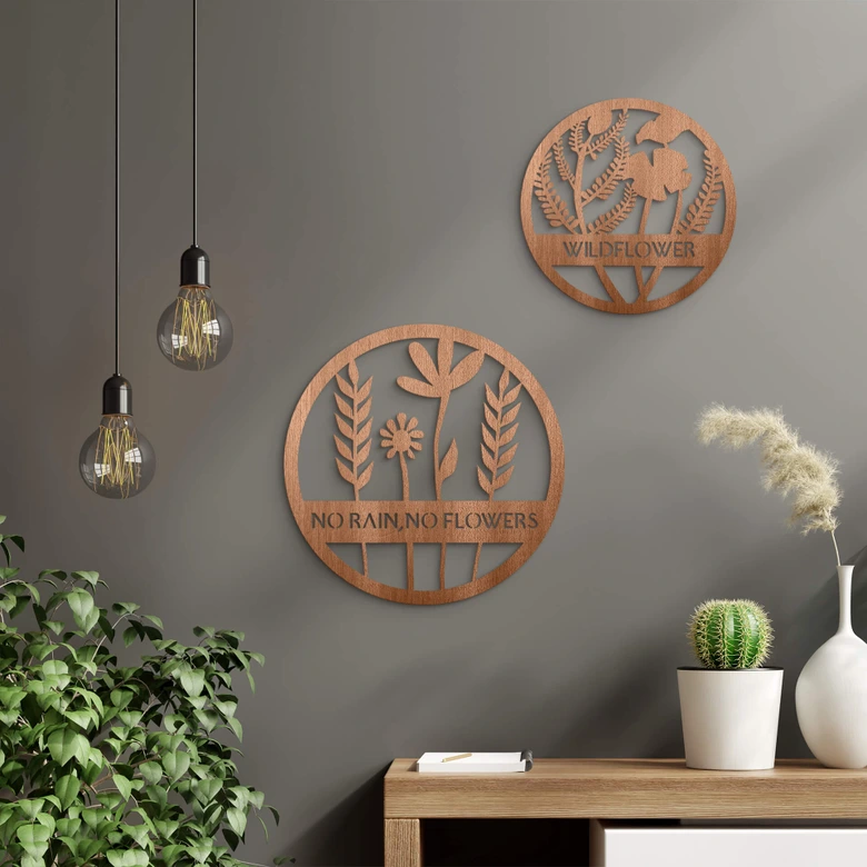 Decoración en madera caoba - Flores en círculo - No Rain - No Flowers 