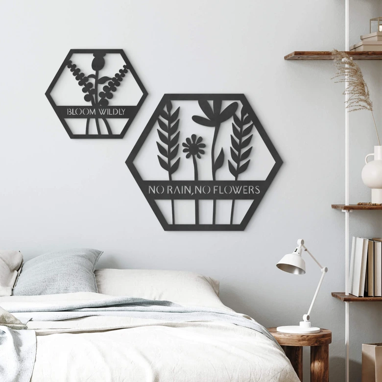 MDF - Holzdeko - Blumen im Hexagon - No Rain No Flowers 