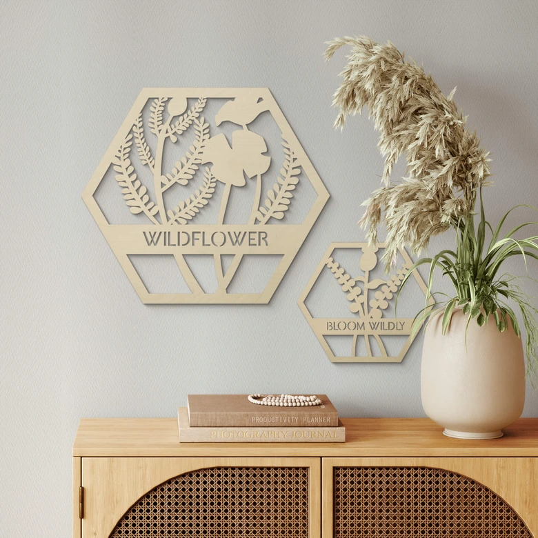 Holzdeko Pappel - Blumen im Hexagon - Wildflower 
