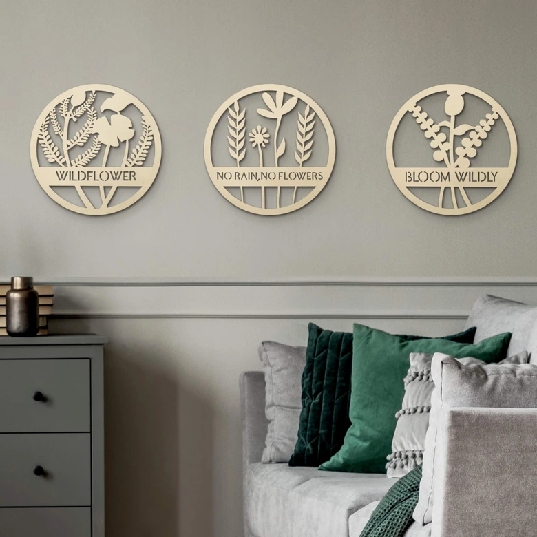 Väggdekorationer i trä poppel - Blommor i en cirkel - Inget regn - Inga blommor 