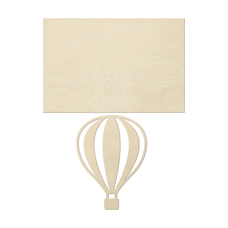 Decoración de pared para habitación infantil globo aerostático con nubes y estrellas - madera de álamo 