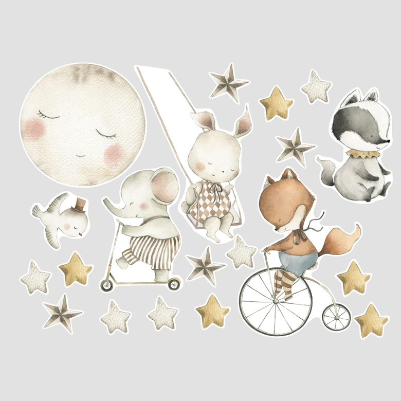 Kinderzimmer Wandtattoo Fröhliche Tiere mit Sternenhimmel - Oliver Robins - 50x70 cm 