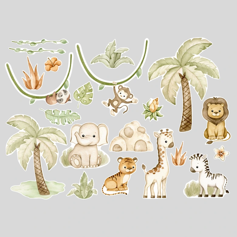 Sticker mural | Autocollants muraux pour enfants - Animaux mignons sous les palmiers - Oliver Robins - 50x70 cm 