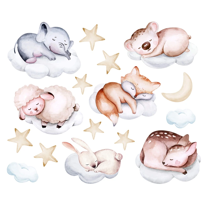 Kinderzimmer Wandtattoo Auf Wolken schlafende Tiere mit Mond und Sternen (16-teilig) - Kvilis 