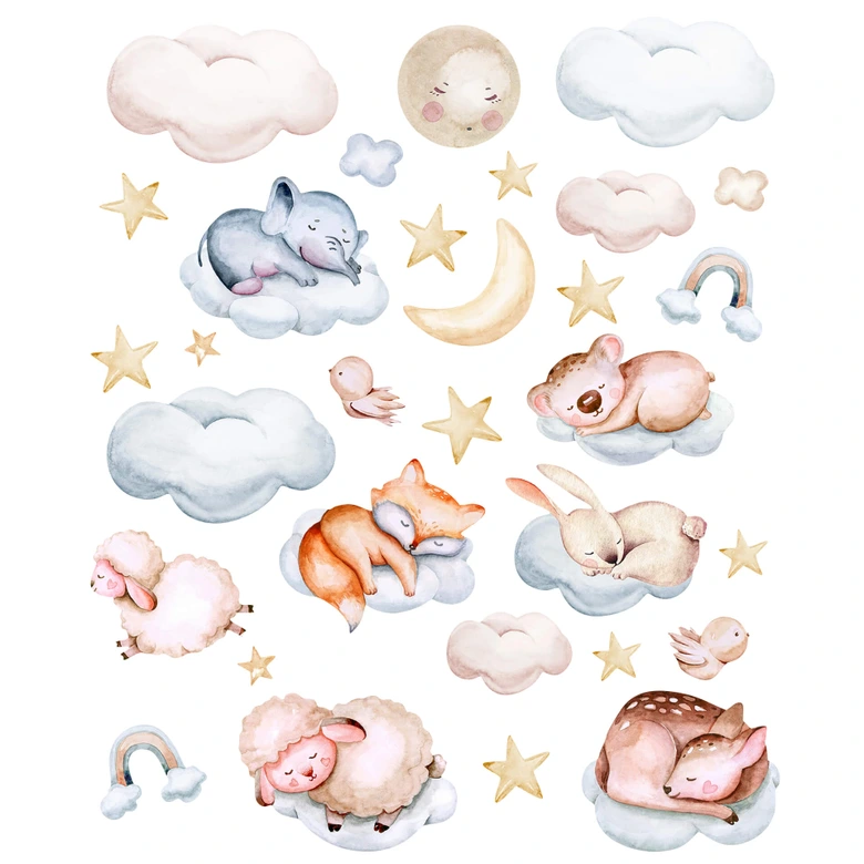 Kinderzimmer Wandtattoo Auf Wolken schlafende Tiere mit Mond und Sternen (31-teilig) - Kvilis 
