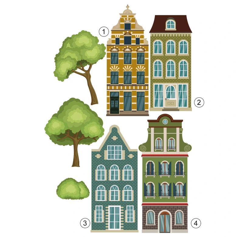 Wallsticker Farverige huse sæt 02 (7 stk.) 