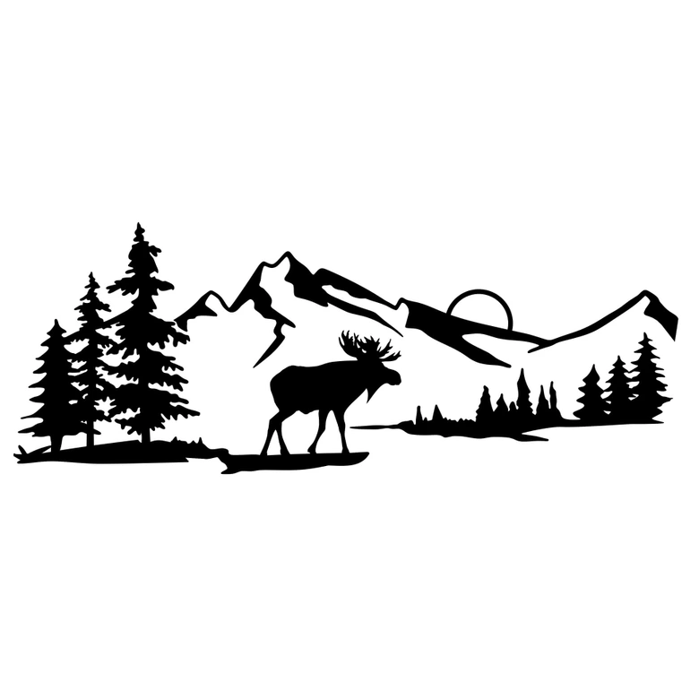 Wallsticker Elg ved solnedgang i et bjerglandskab 