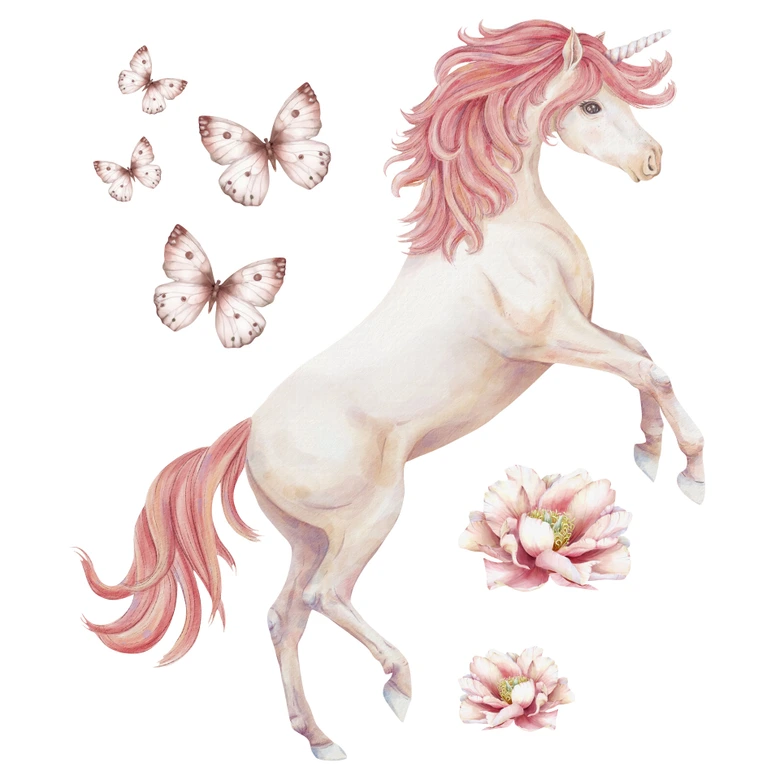 Sticker mural Licorne fabuleuse avec queue rose Kikki Belle (7 pièces) 