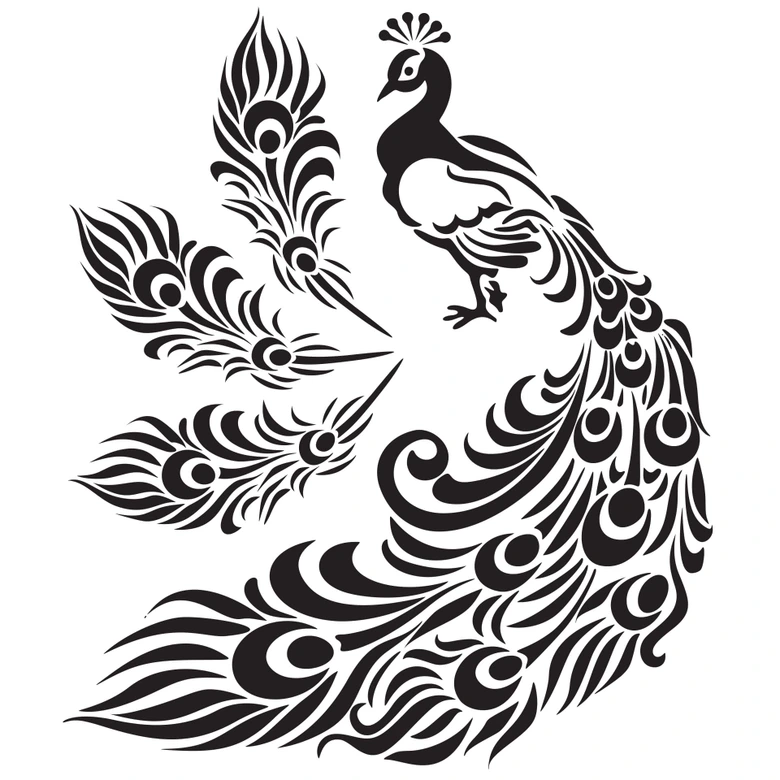 Wandtattoo Kleiner Pfau mit langem Federkleid + 3 Pfauenfedern 