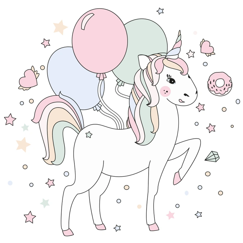 Wandtattoo Kvilis - Illustration Einhorn mit Luftballons 