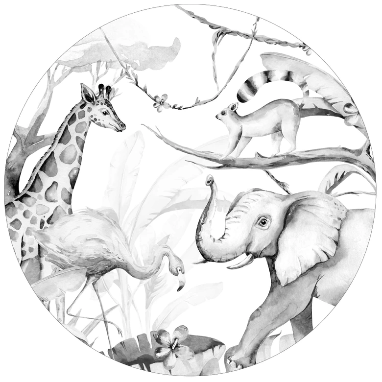 Wandtattoo Kvilis - Tierfreunde im Dschungel - schwarz-weiß - Rund 