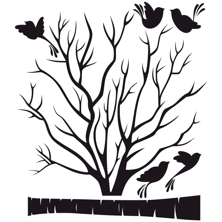 Sticker mural bicolore - Arbre fin aux oiseaux 