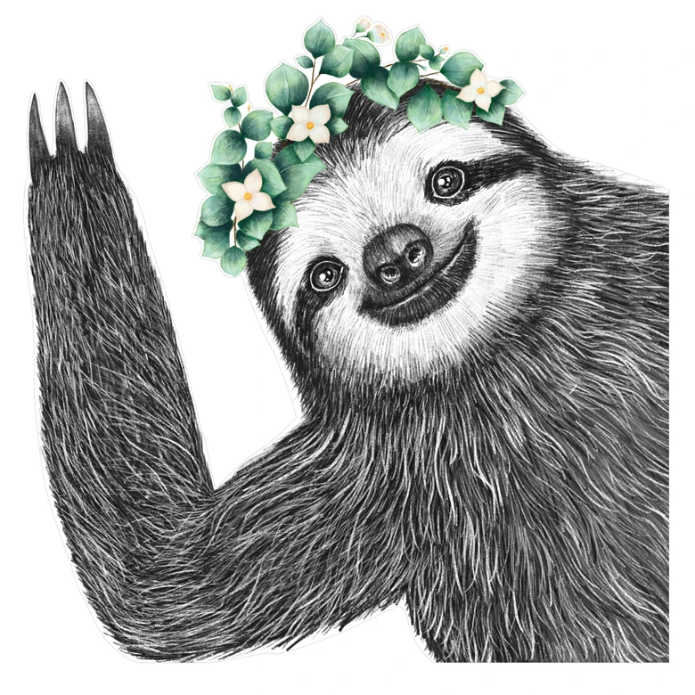 Vinkende dovendyr med blomsterkrans Wallsticker - Korenkova 