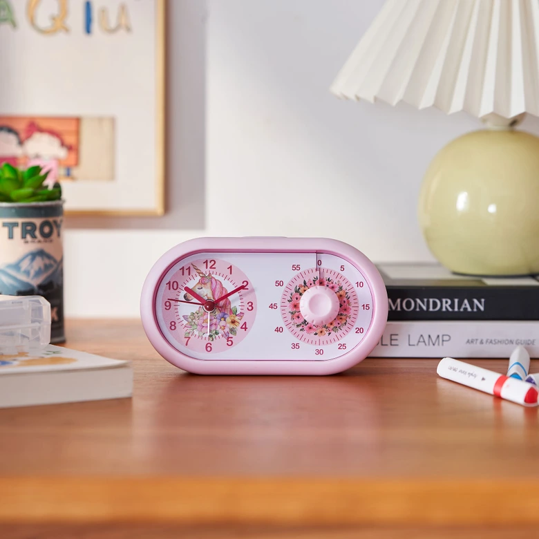 Kinderuhr Tischuhr mit Wecker und Timer-Funktion, Einhorn rosa, 16x9,5 cm 