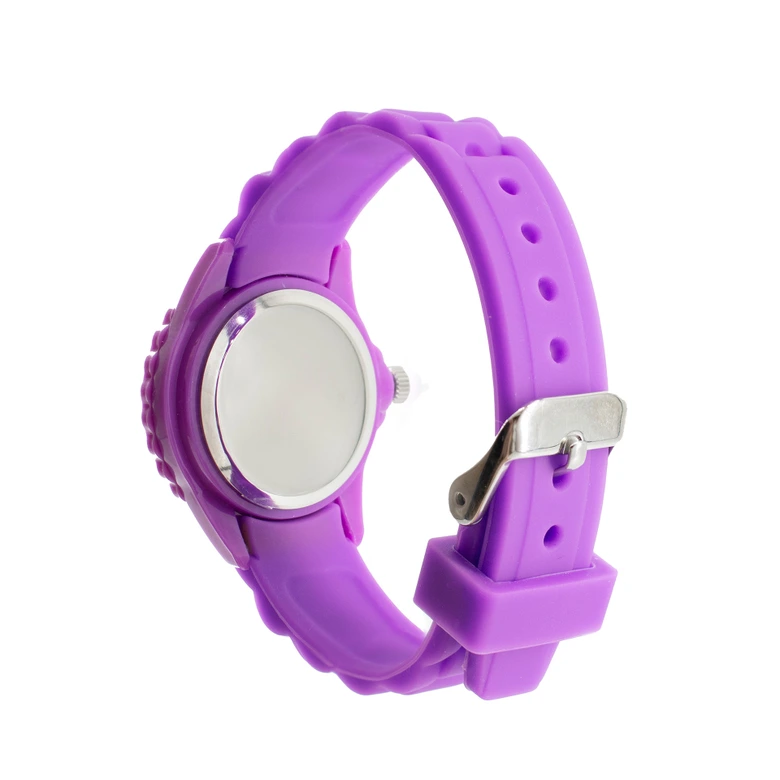 Zegarek na rękę dla dzieci - analogowy zegarek edukacyjny wykonany z silikonu - fioletowy z tęczową tarczą 