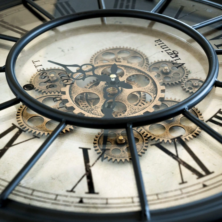 Vintage XXL Metall-Wanduhr mit beweglichen Zahnrädern, schwarz-gold | Ø46 cm 