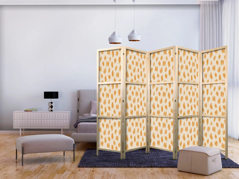Japanischer Paravent, Raumteiler freistehend, Trennwand - Orange and Ecru Drawn Pattern in Dots and Spots 