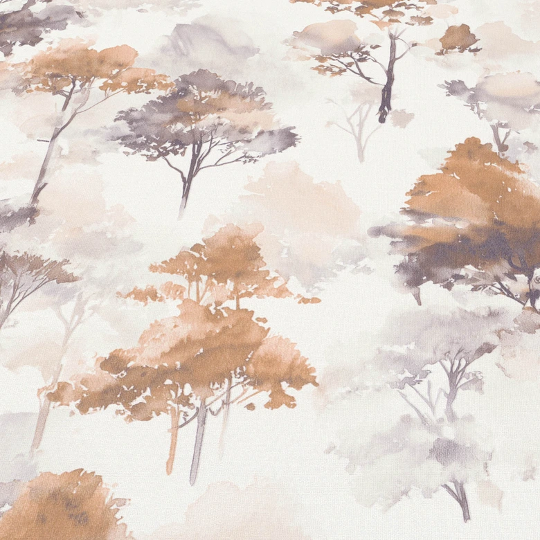 Non-woven akvarell skogstapet i beige brungrå med träd i höstlook 
