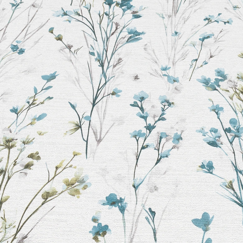 Tapete aus Vlies mit zarten Wiesenblumen in Blau Weiß als florale Naturtapete 