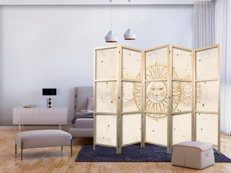 Japanischer Paravent, Raumteiler freistehend, Trennwand - Golden Sun and Moon: Artistic Retro 