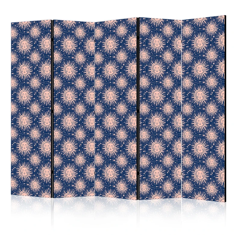 Paravent, Raumteiler freistehend, Trennwand - Sunny Patterns - Repeating Sun Motif on a Navy Background 