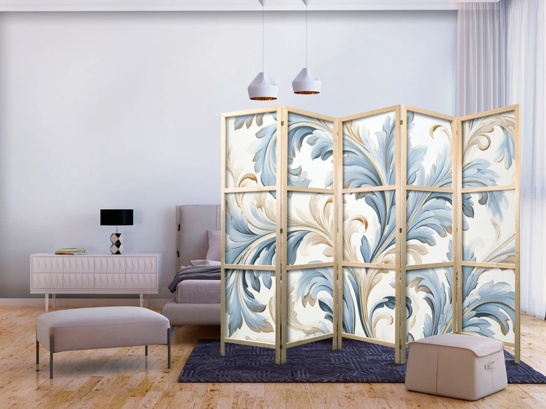 Japanischer Paravent, Raumteiler freistehend, Trennwand - Baroque Ornaments in Light - Cream-Blue Colors 