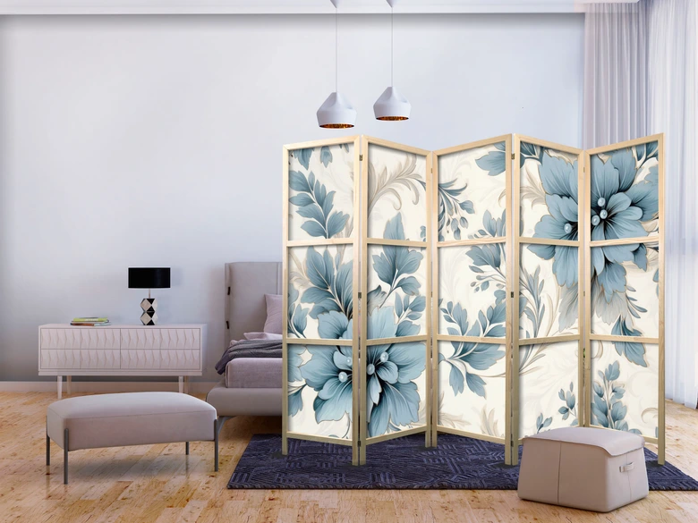 Japanischer Paravent, Raumteiler freistehend, Trennwand - Turquoise Retro Flowers 