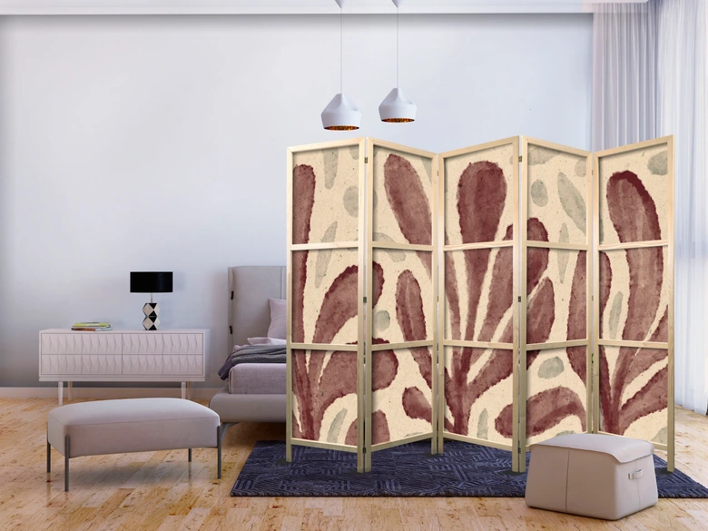 Japanischer Paravent, Raumteiler freistehend, Trennwand - Waving Leaves - Plant Shapes in Matisse Style 