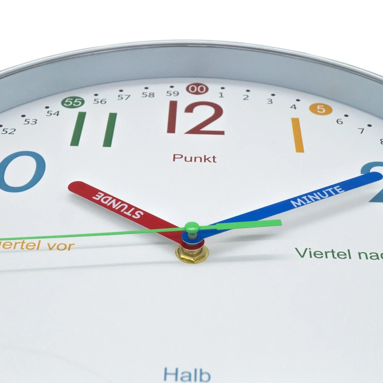 Analoge Lernuhr Kinderzimmer Wanduhr leise Kinderuhr für Grundschulkinder Metall-Optik Ø30 cm 