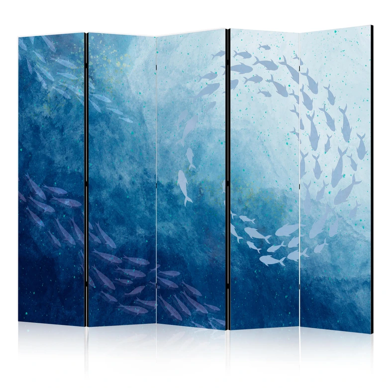 Paravent, Raumteiler freistehend, Trennwand - Luminous Clusters of Fish in Blue Hues Amidst the Sea Depths 