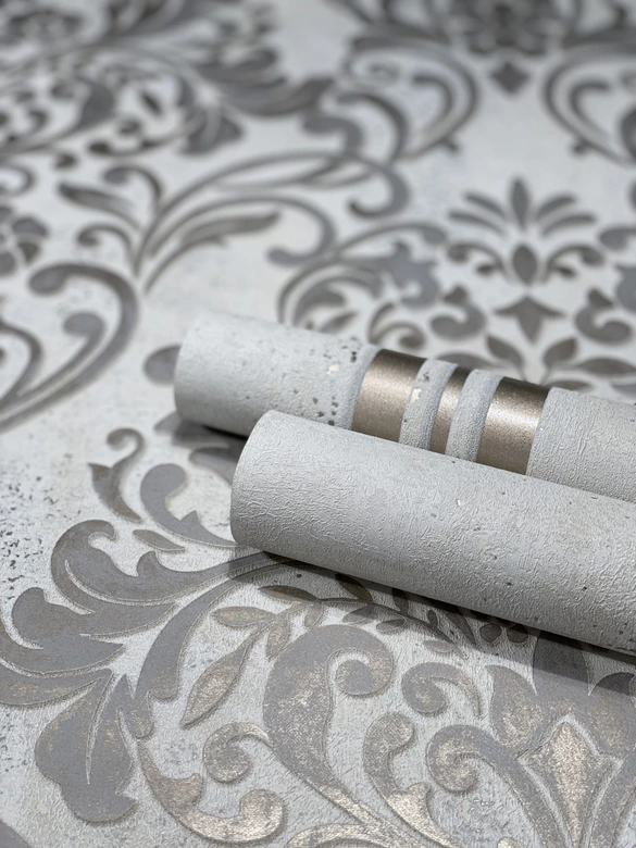 Vliestapete mit ornamentalem Damask-Motiv Grau Ornamental  