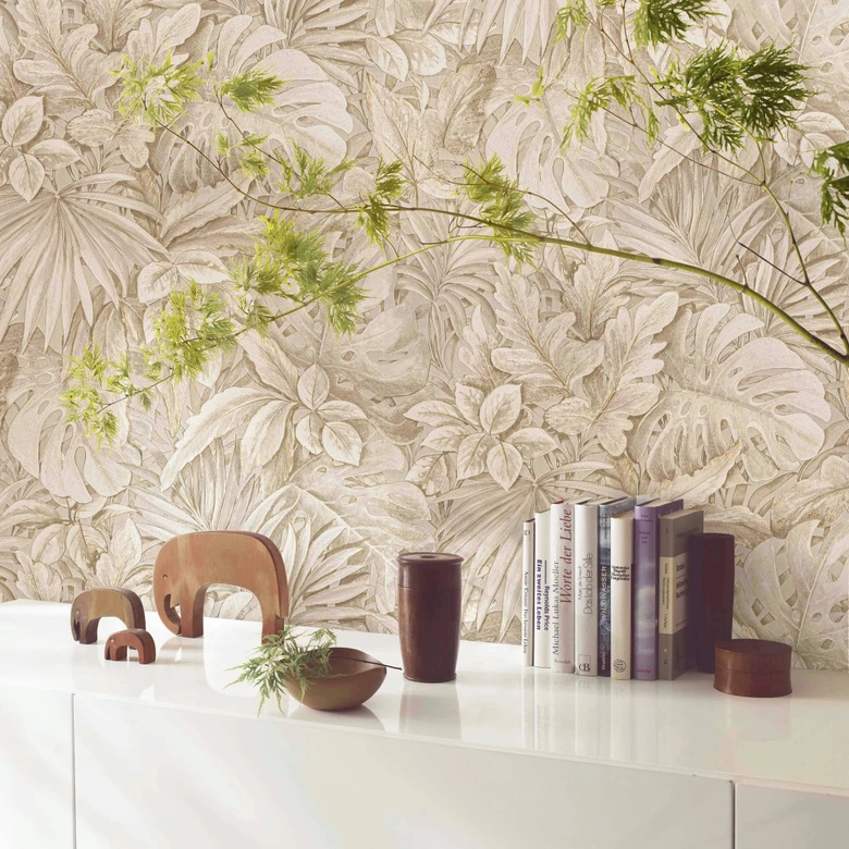 Vliestapete mit strukturiertem Blattmotiv beige Floral 