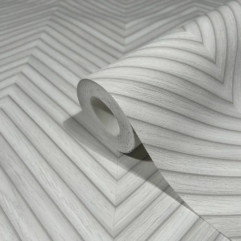 Papier peint intissé avec motif à chevrons et aspect bois gris, blanc aspect bois 